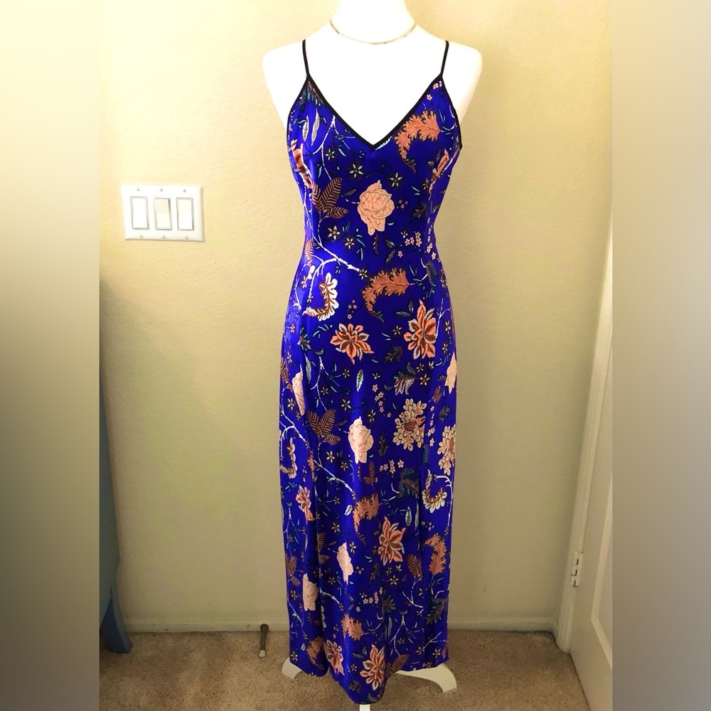 Diane Von Furstenberg Blue Floral Satin Maxi Slip Dress